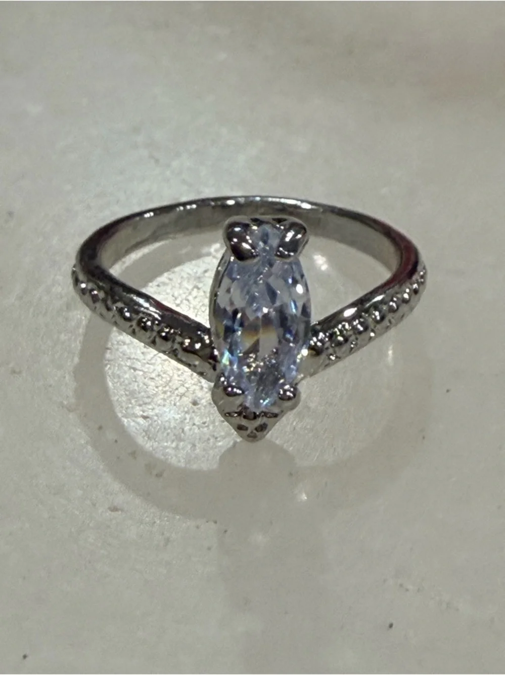 Solitaire Marquise Blue Cubic Zirconia Ring in Silver Size 6.75